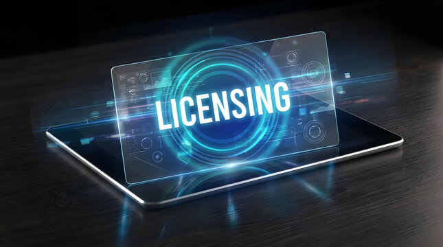 Holographic Licensing Interface Displayed on Digital Tablet Screen. Generative AI