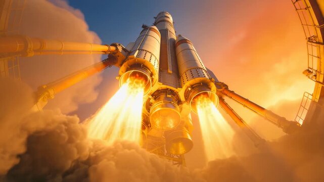 Heavy rocket engines igniting on launch pad during sunset. Low angle view of spacecraft ignition and smoke. Static shot.