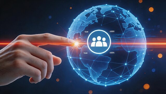 Global network connectivity with team and users icons on digital earth globe for international collaboration, remote work, social media, and worldwide communication technology