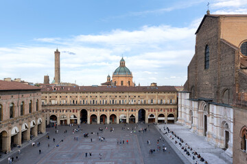 Bologna. Medieval city in Emilia Romagna in Italy Europe. Art and culture. Tourists from all over the world for Piazza Maggiore, Via Indipendenza, the leaning towers and the oldest university © xamnex