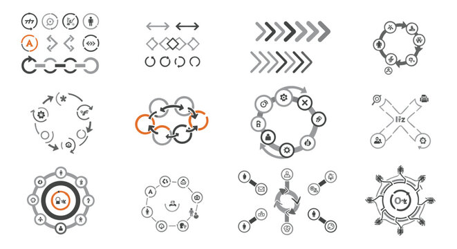 Set of grey and orange infographic elements including various arrows, circular flows, progress bars, and network diagrams for business reports.