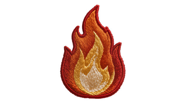 Embroidered flame patch with red orange and yellow threads, isolated on transparent background