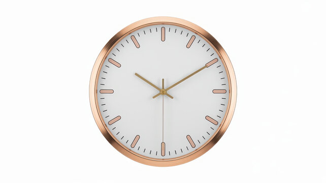 Round wall clock featuring a rose gold rim and white dial on a white background