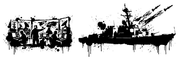 Navy warship firing missiles and military command center in gritty ink style © UrbanDruid
