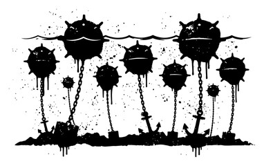 Naval sea mines anchored underwater in ink splash drip style © UrbanDruid
