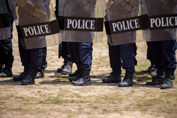 Fototapeta premium Riot police control the crowd practice and review on the grass field.