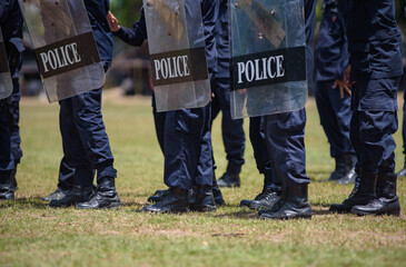 Fototapeta premium Riot police control the crowd practice and review on the grass field.