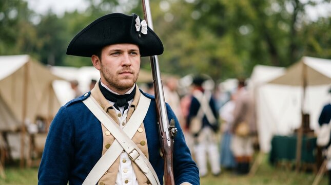 Revolutionary War soldier portrait during historical reenactment camp with colonial military uniform and musket