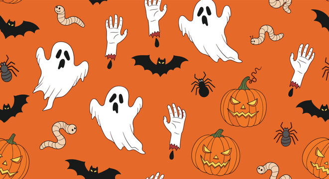 Seamless Halloween pattern on an orange background featuring ghosts, bats, spiders, pumpkins, worms, and severed zombie hands for festive decor.