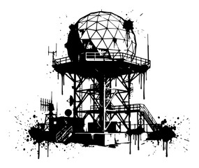Radar station tower with geodesic dome and antennas in black ink splash style © UrbanDruid
