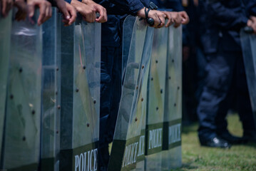 Fototapeta premium Riot police control the crowd practice and review on the grass field.