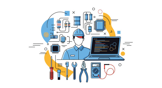 Concept illustration of an electrical engineer in a hard hat surrounded by computer code, circuit components, and various professional hand tools.