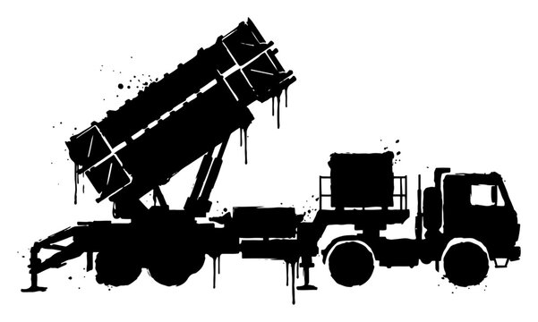 Surface to air missile defense system truck in artistic black ink drip style