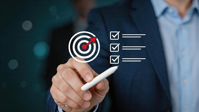 Businessman holding pen with digital checklist and target icon, planning strategy goals success achievement concept for corporate management project completion task list