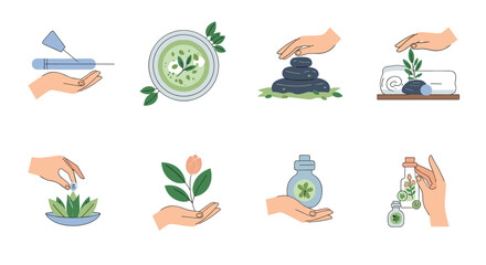Obraz premium Collection of spa and wellness icons featuring hands holding essential oil bottles, balancing stones, flowers, and natural skincare products.