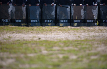 Fototapeta premium Riot police control the crowd practice and review on the grass field.