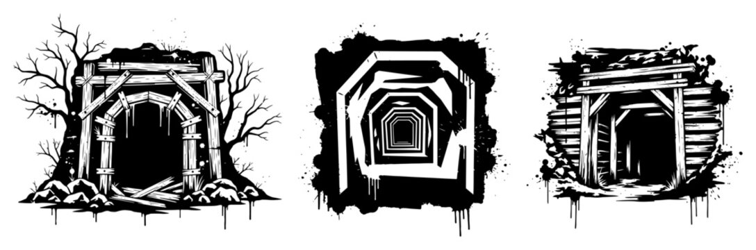 Mine shaft entrances and tunnel set in black ink grunge style