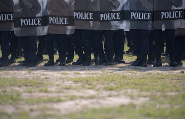 Fototapeta premium Riot police control the crowd practice and review on the grass field.