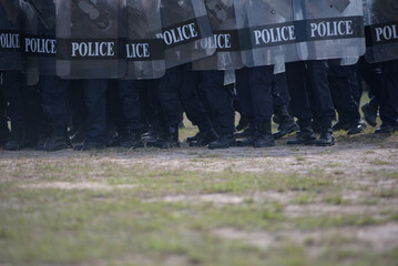 Fototapeta premium Riot police control the crowd practice and review on the grass field.