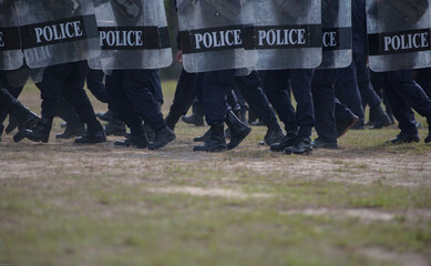 Fototapeta premium Riot police control the crowd practice and review on the grass field.