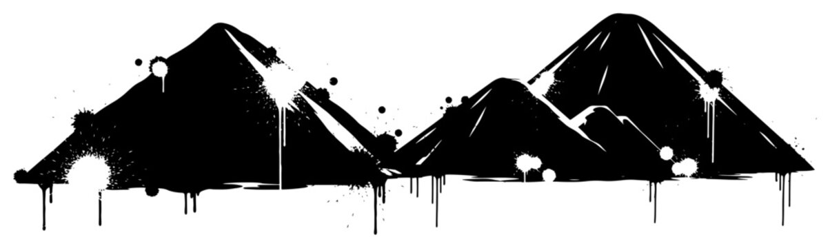 Large piles of mined materials or slag heaps in black ink grunge style