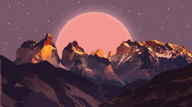 Mountain Night Landscape with Full Moon and Starry Sky