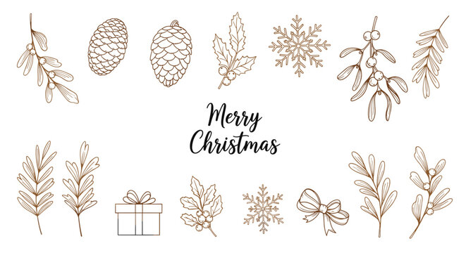 Festive Christmas layout featuring hand-drawn sketches of mistletoe, pine cones, leaves, a gift box, and a ribbon on a clean white background.