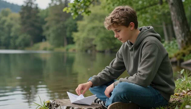 Junge sitzt am Flussufer und spielt mit einem Papierboot