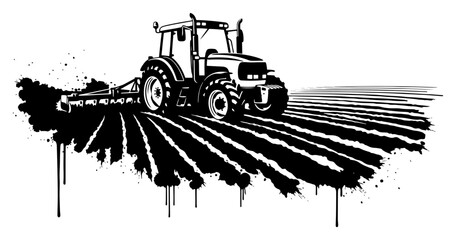 Obraz premium Agricultural tractor plowing farm field in black ink grunge stencil style