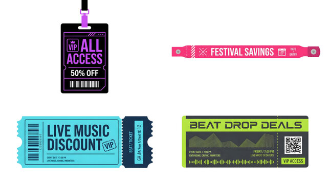Assortment of VIP passes, wristbands, and tickets isolated on transparent background