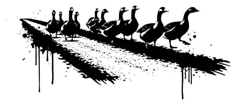 Ducks walking in a line along rural path in black ink grunge style