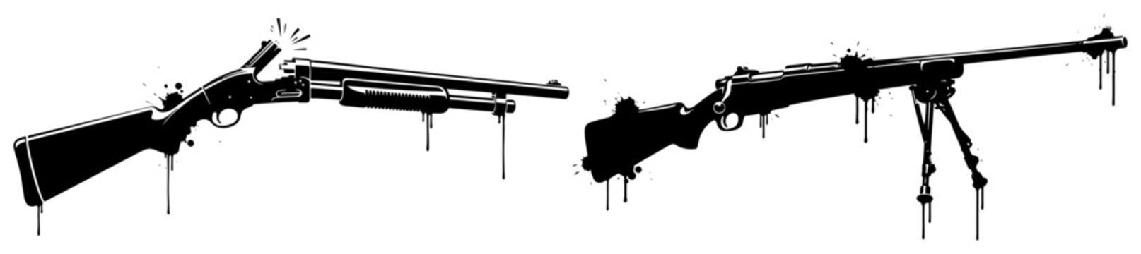 Shotgun and sniper rifle firearms collection in grunge ink drip style
