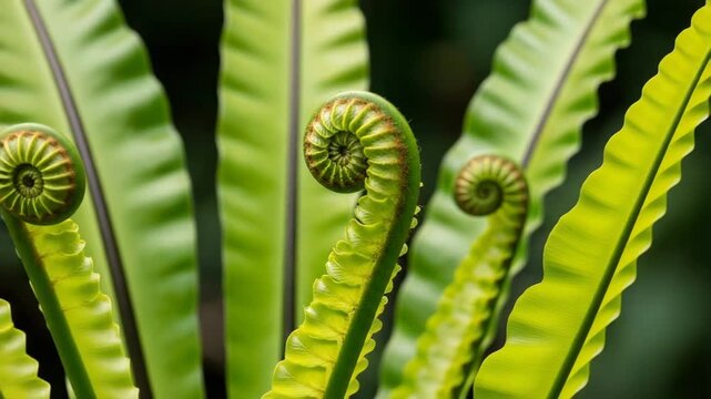 Green fern leaves with curled fronds in natural outdoor setting  timelapse bird nest fern crinkled new leaves 
