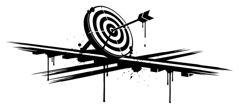 Archery target with arrow in bullseye on crossed wooden beams in grunge paint splatter style