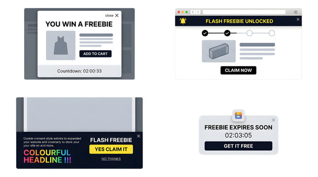Four isolated pop-up windows showing freebie offers and countdown timers