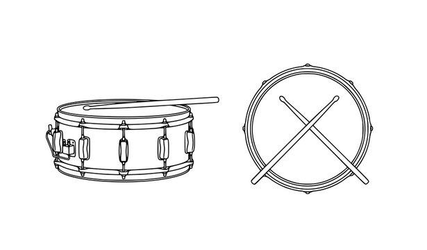 Drum and snare drum with drumsticks line drawing