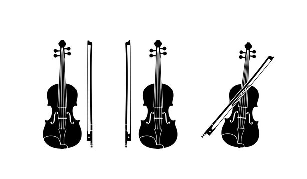 Silhouette of violin and bows on white background
