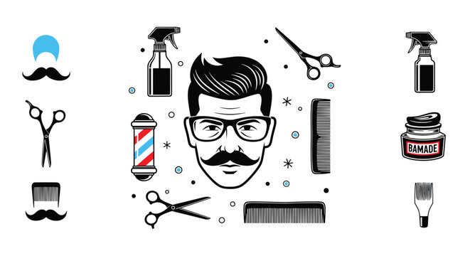 Detailed barbershop set featuring a stylish male face surrounded by hair cutting tools and grooming accessories.