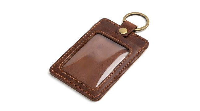 Brown leather badge holder with clear window and metal keyring attachment.
