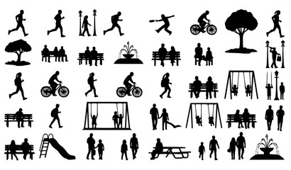 Obraz premium Black silhouettes of people engaging in various outdoor activities in a park