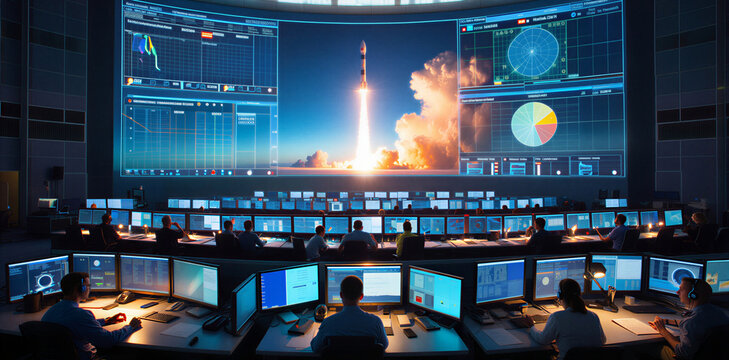 Rocket launch control center with large screen and data visualization monitoring technology engineers aerospace operations graphics terminal workspace professional analysis