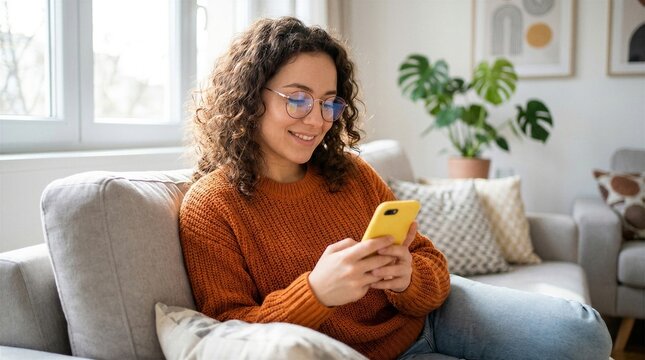 Happy girl checking cell phone online education apps, texting, browsing internet for shopping sitting at home. Young smiling woman wearing glasses holding smartphone using cellphone, looking at mobile