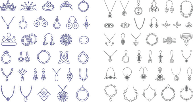 Collection of Jewelry Vector Icons Featuring Crowns, Rings, Earrings, Necklaces, Pendants, and Decorative Accessories for Fashion, Luxury, and Accessory Design Projects