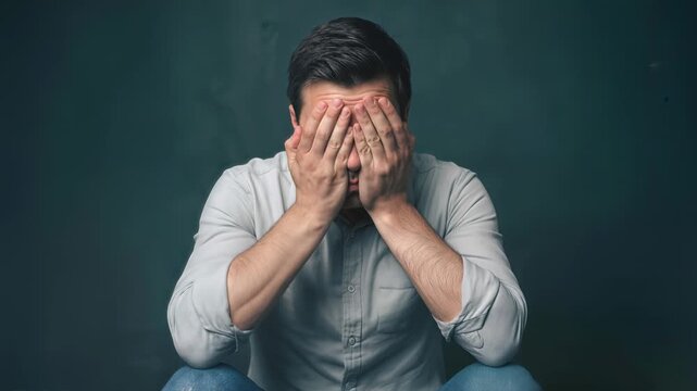 Emotional man covering face with hands while crying. Distressed person expressing grief and sadness against dark background. Static medium shot.