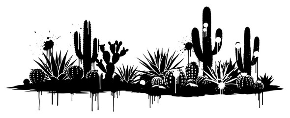 Desert cactus plants and succulents in grunge ink silhouette style © UrbanDruid