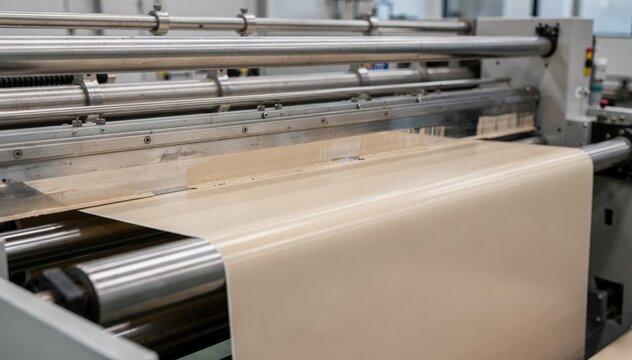 Side angle medium shot of topcoat blade coating station ensuring consistent protective pigment layer on material surface.