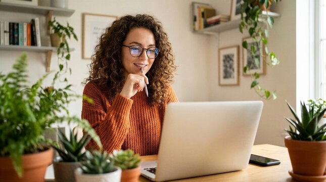 Online learning concept. Young smiling pretty woman student using laptop elearning or remote working at home office using laptop computer watching webinar web course, studying online sitting at table.