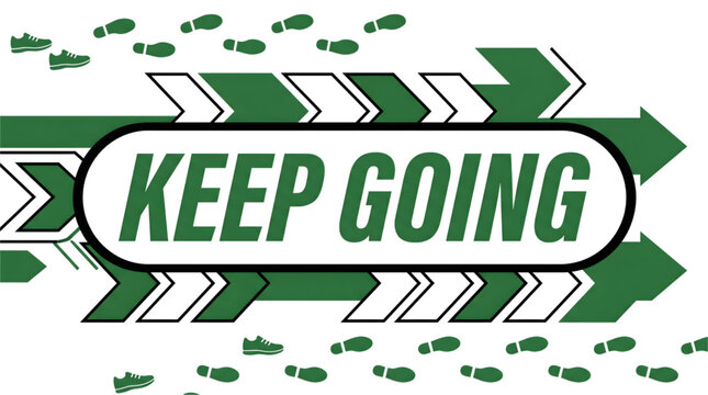 Green "Keep Going" Text Isolated on Transparent Background with Footprints and Arrows