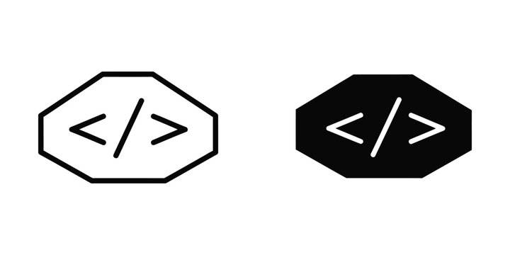 Code tag icon set in outline and solid black style for web development and programming software