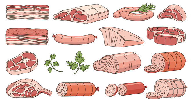 Selection of raw meat cuts and sausages including steak, bacon, ham, and fresh herbs for culinary and butcher themes.